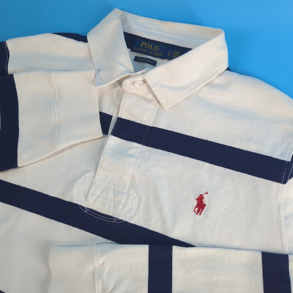 Polo Ralph Lauren Mens Custom Slim Fit Rugby Shirt White Navy Stripe Large